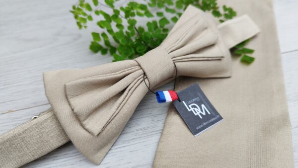 Noeud-papillon-homme-soie-sauvage-luxe-beige-doré-pochette-costume-Orléans-LDM-Createur