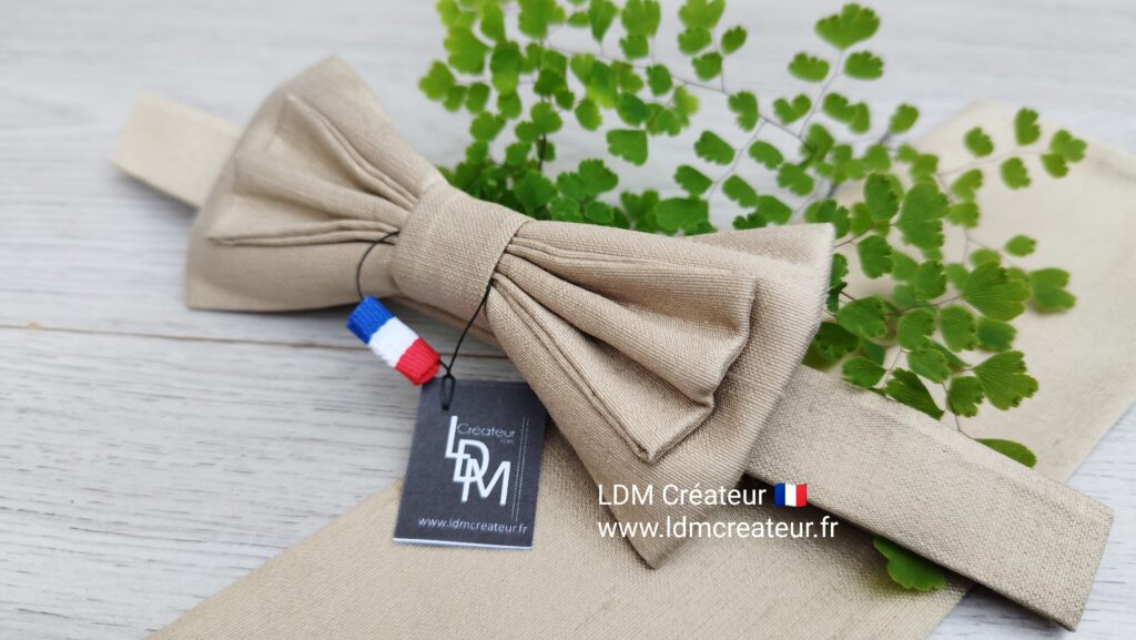 Noeud-papillon-soie-sauvage-luxe-beige-doré-pochette-Orléans-LDM-Createur
