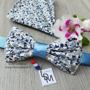 Papillon-liberty-bleu-ciel-blanc-marine-mariage-pochette-champetre-Barfleur-ceremonie-LDM-Créateur