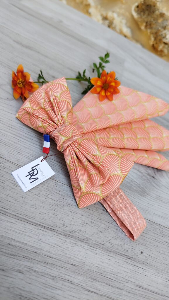 Noeud-papillon-rose-corail-orangé-homme-cérémonie-original-mariage-pochette-Aubagne-LDM-Createur