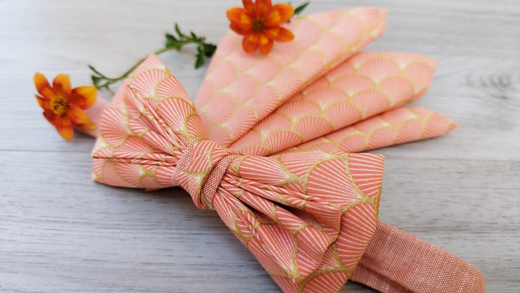 Noeud-papillon-rose-corail-orangé-homme-original-style-mariage-pochette-Aubagne-LDM-Createur