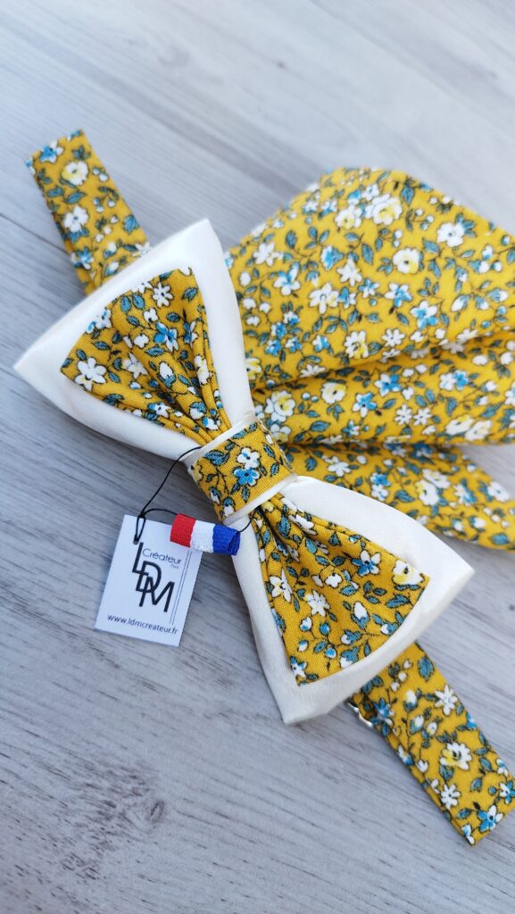 Noeud-papillon-jaune-écru-mariage-champetre-bleu-pochette-fleuri-liberty-Antibes-homme-LDM-createur-