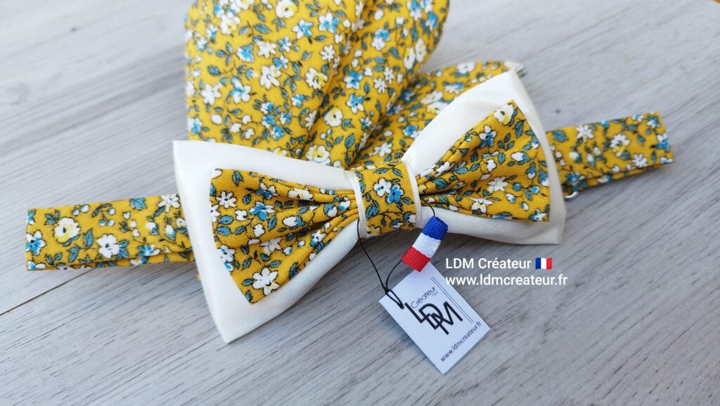 Noeud-papillon-jaune-écru-mariage-champetre-liberty-bleu-pochette-Antibes-homme-LDM-createur-
