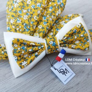 Noeud-papillon-jaune-écru-mariage-champetre-liberty-bleu-pochette-Antibes-homme-LDM-createur-