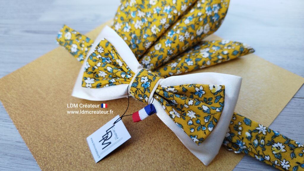 Noeud-papillon-jaune-mariage-champetre-liberty-bleu-écru-pochette-Antibes-homme-LDM-createur-