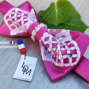Noeud-papillon-rose-fuchsia-femme-original-dentelle-blanche-perle-brodé-soirée-mariage-cheveux-Princesse-LDM-Createur