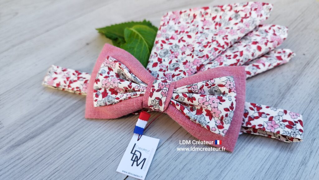 Noeud-papillon-rose-gris-rouge-liberty-fleuri-mariage-homme-lin-pochette-Kerfot-LDM-Créateu