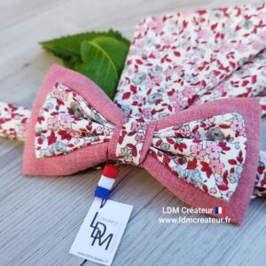 Noeud-papillon-rose-gris-rouge-liberty-fleuri-mariage-homme-lin-pochette-Kerfot-LDM-Créateu