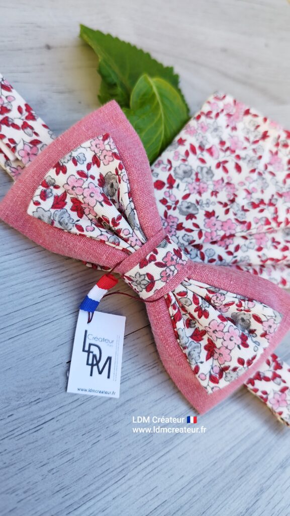 Noeud-papillon-rose-gris-rouge-liberty-fleuri-mariage-homme-pochette-Kerfot-LDM-Créateur