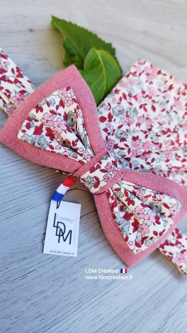 Noeud-papillon-rose-gris-rouge-liberty-fleuri-mariage-homme-pochette-Kerfot-LDM-Créateur
