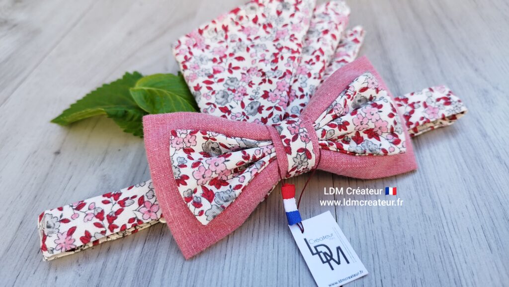 Noeud-papillon-rose-rouge-liberty-fleuri-mariage-homme-lin-pochette-Kerfot-LDM-Créateur