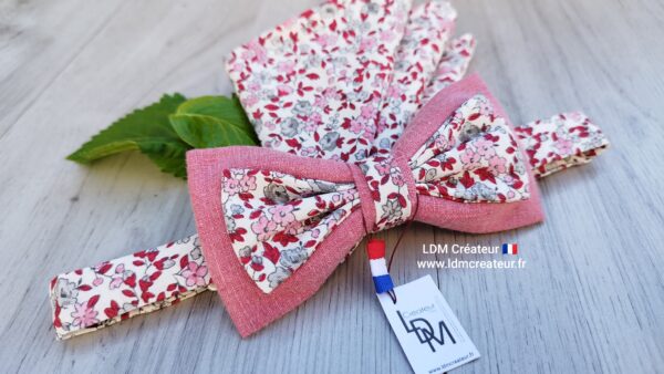 Noeud-papillon-rose-rouge-liberty-fleuri-mariage-homme-lin-pochette-Kerfot-LDM-Créateur